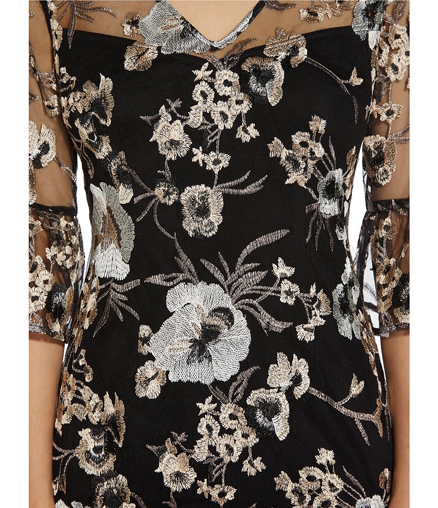 Adrianna Papell Floral Embroidered V-Neck Elbow Bell Sleeve Gown