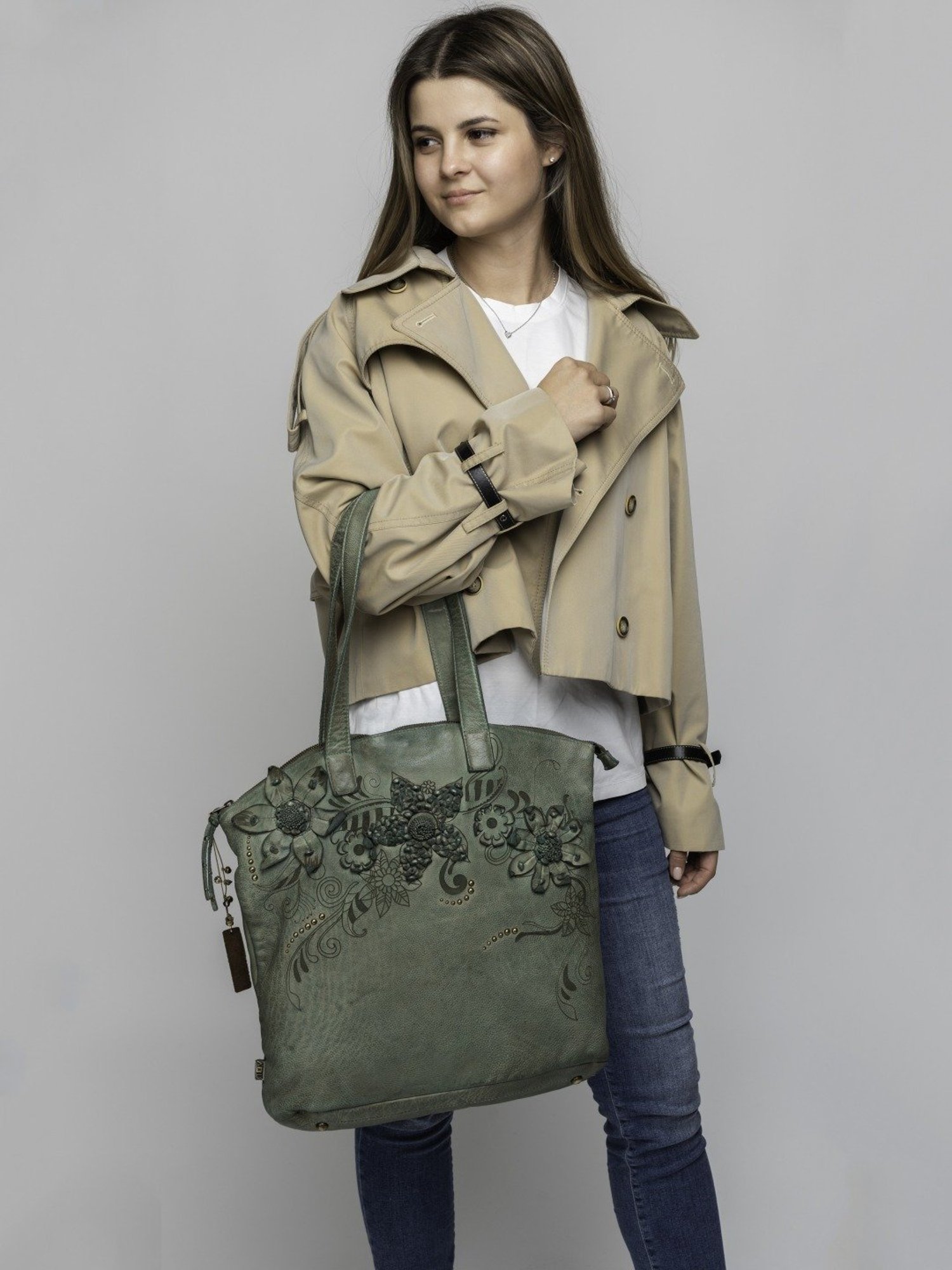 Art N Vintage Calla Green Leather Textured Medium Tote Handbag