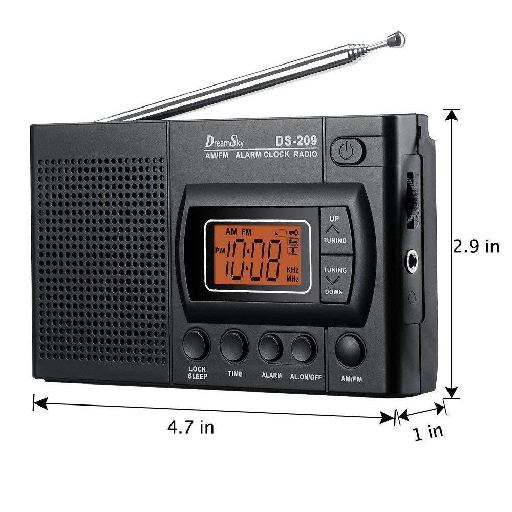 DreamSky Portable AM/FM Radio Alarm Clock, Clear Loudspeaker, Earphone Jack, 12 /24H Time Display with Backlight, Ascending Alarms, Battery Operated, Sleep Timer AA Battery Included.