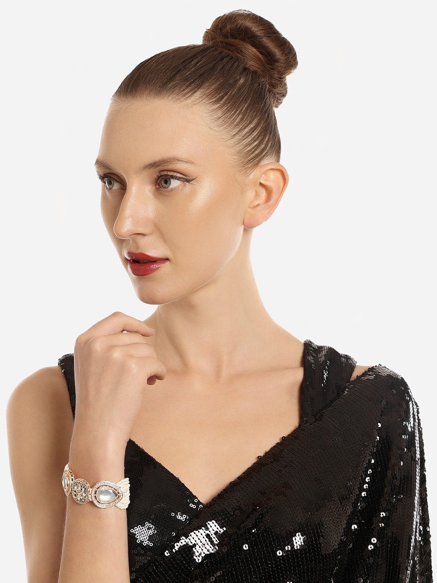 Zaveri Pearls Set of 2 Gold Tone & Green Multistrand Kundan & Beads Ethnic Bracelet-ZPFK16845