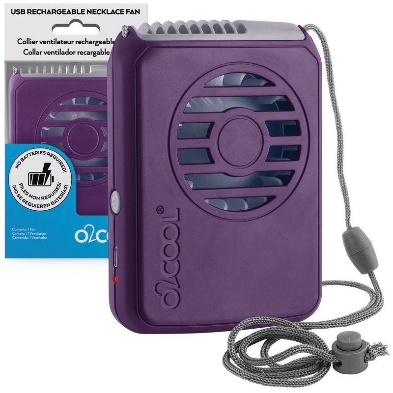 O2COOL Rechargeable Deluxe Necklace Fan with USB Cord Purple