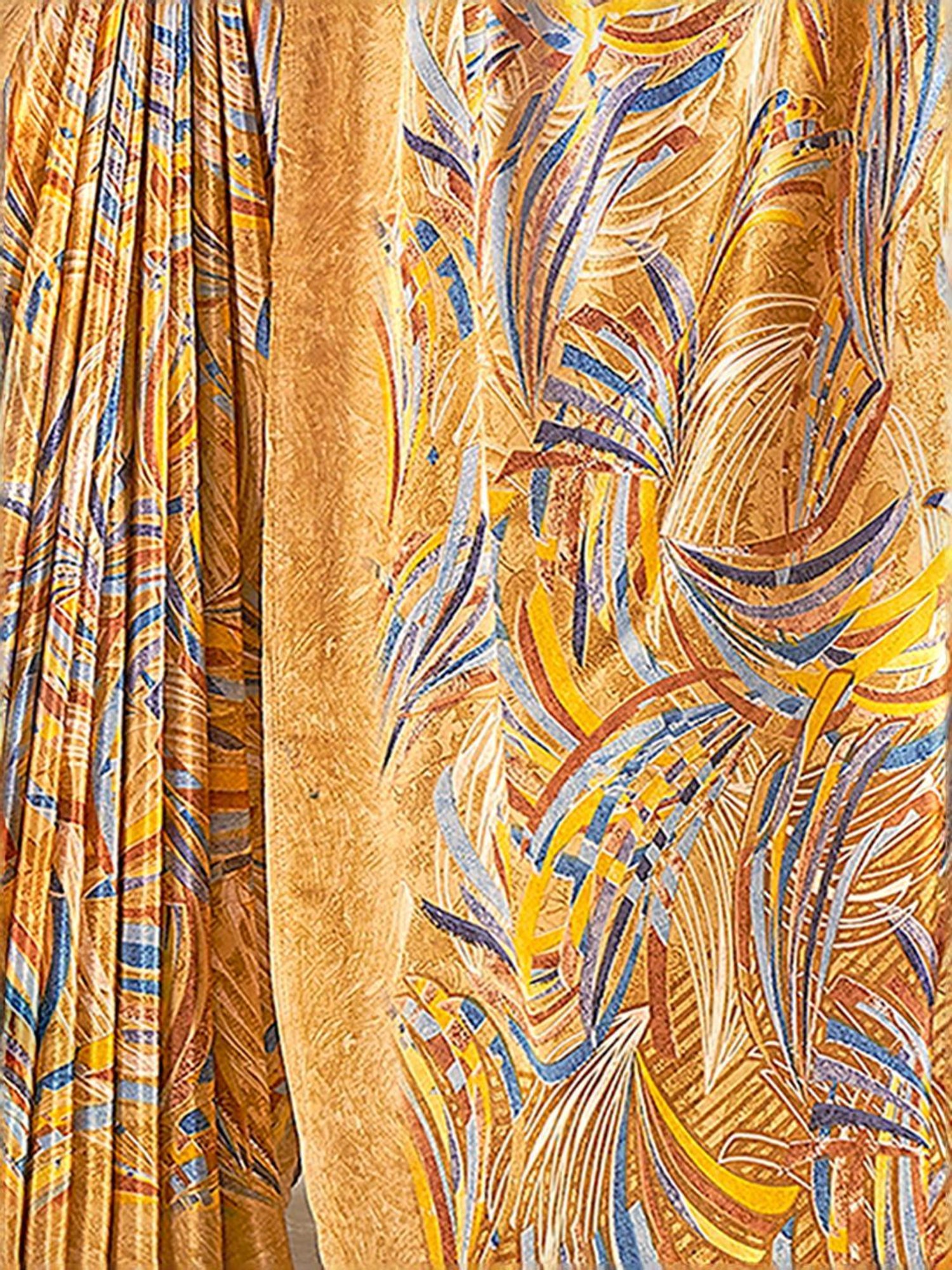 Satrani Mustard Geometric Print Saree With Unstitched Blouse