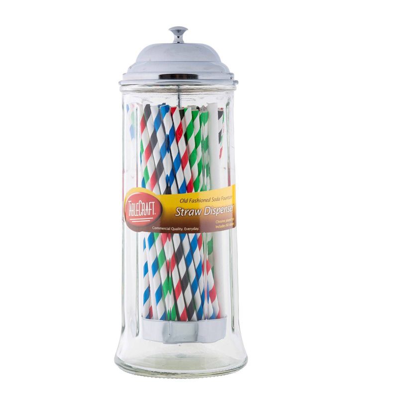 TableCraft Glass Straw Dispenser - Chrome Plated Top