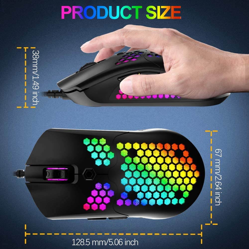 Wired Lightweight Gaming Mouse,26 RGB Backlit Mice with 7 Buttons Programmable Driver,PAW3325 12000DPI Mice,Ultralight Honeycomb Shell Ultraweave Cable Mouse for PC Gamers and Xbox and PS4 Users