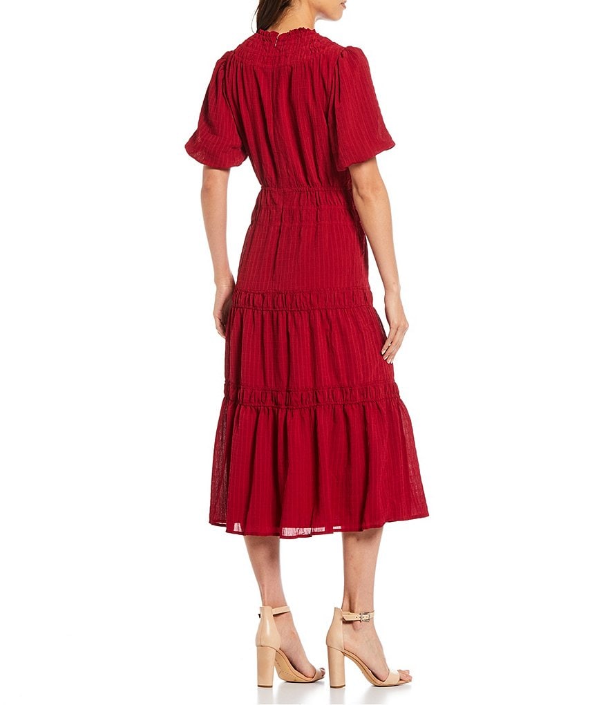Adelyn Rae Smocked Blouson Waist Crew Neck Short Balloon Sleeve Midi Dress