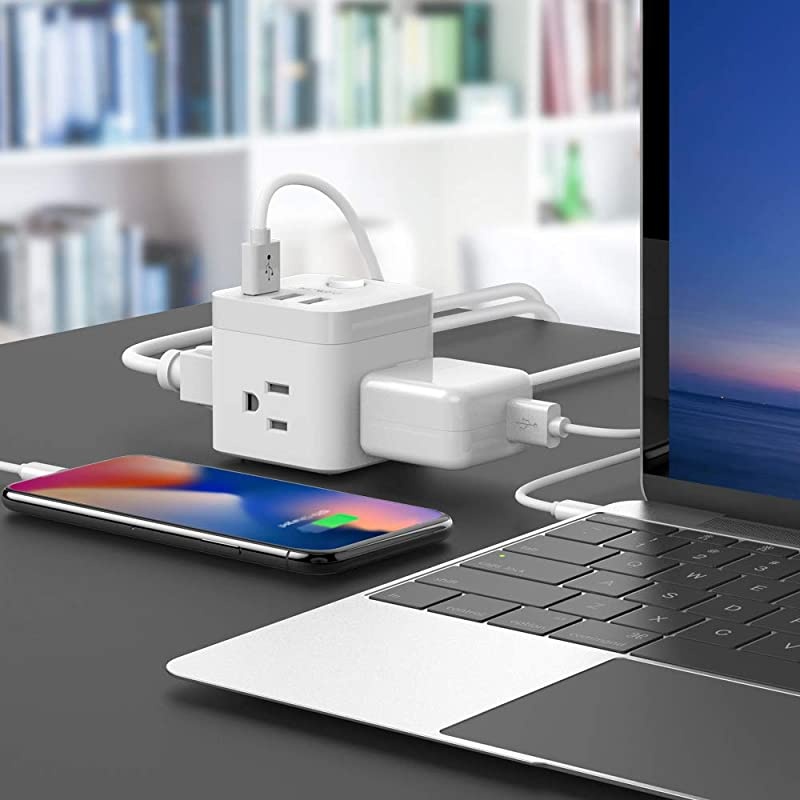 Power Strip with USB Ports  USB Power Strip, 4.92 Ft Extension Cord with 3 Outlets 3 USB Ports, Power Cube with USB for Travel, Home, Office, Phones, iPhone X/XS/XR, Tablets, Cruise Ship (White)