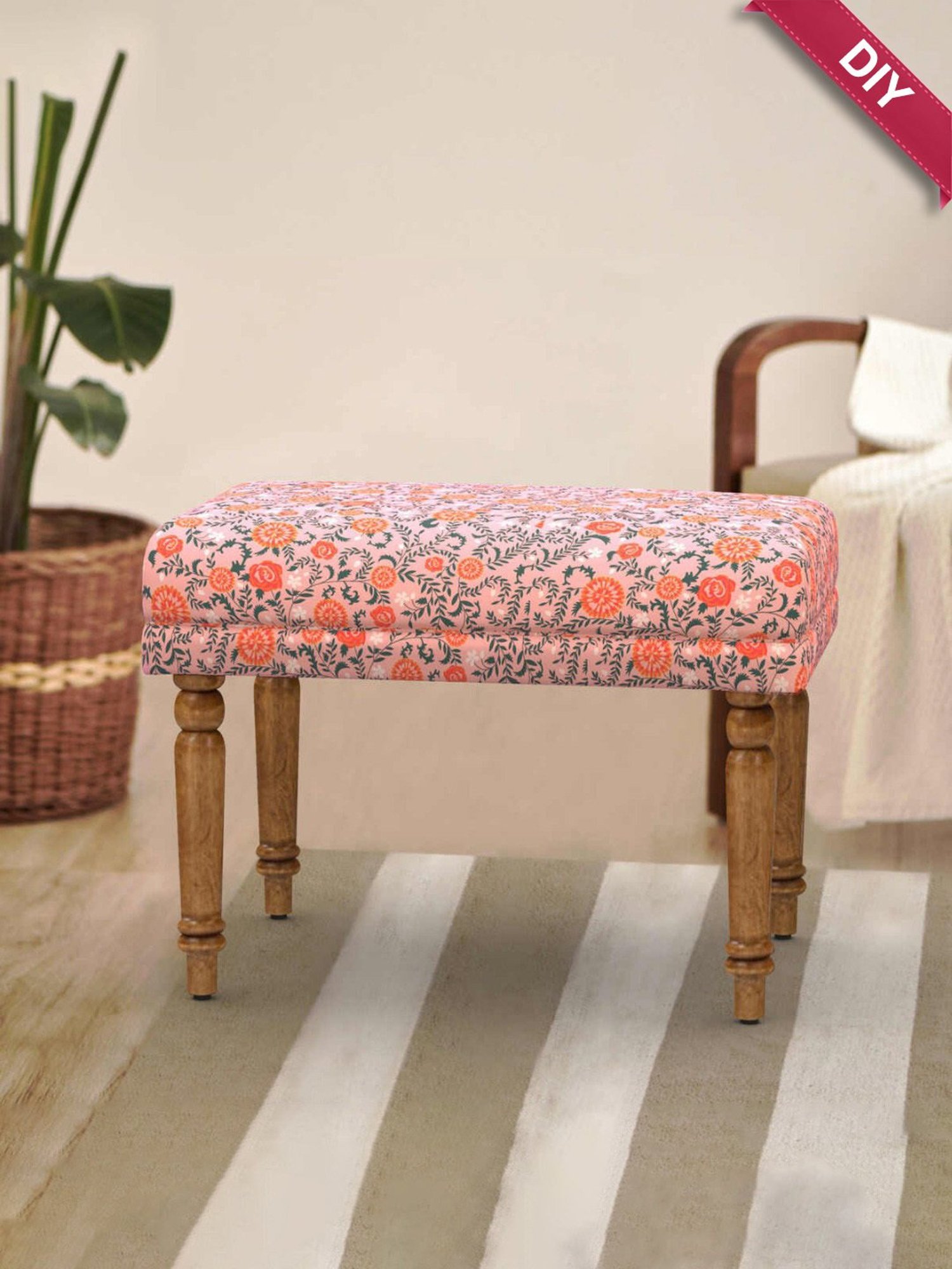 Chumbak Nawaab Earthy Floral Pink Peach Sheesham Wood Small Bench