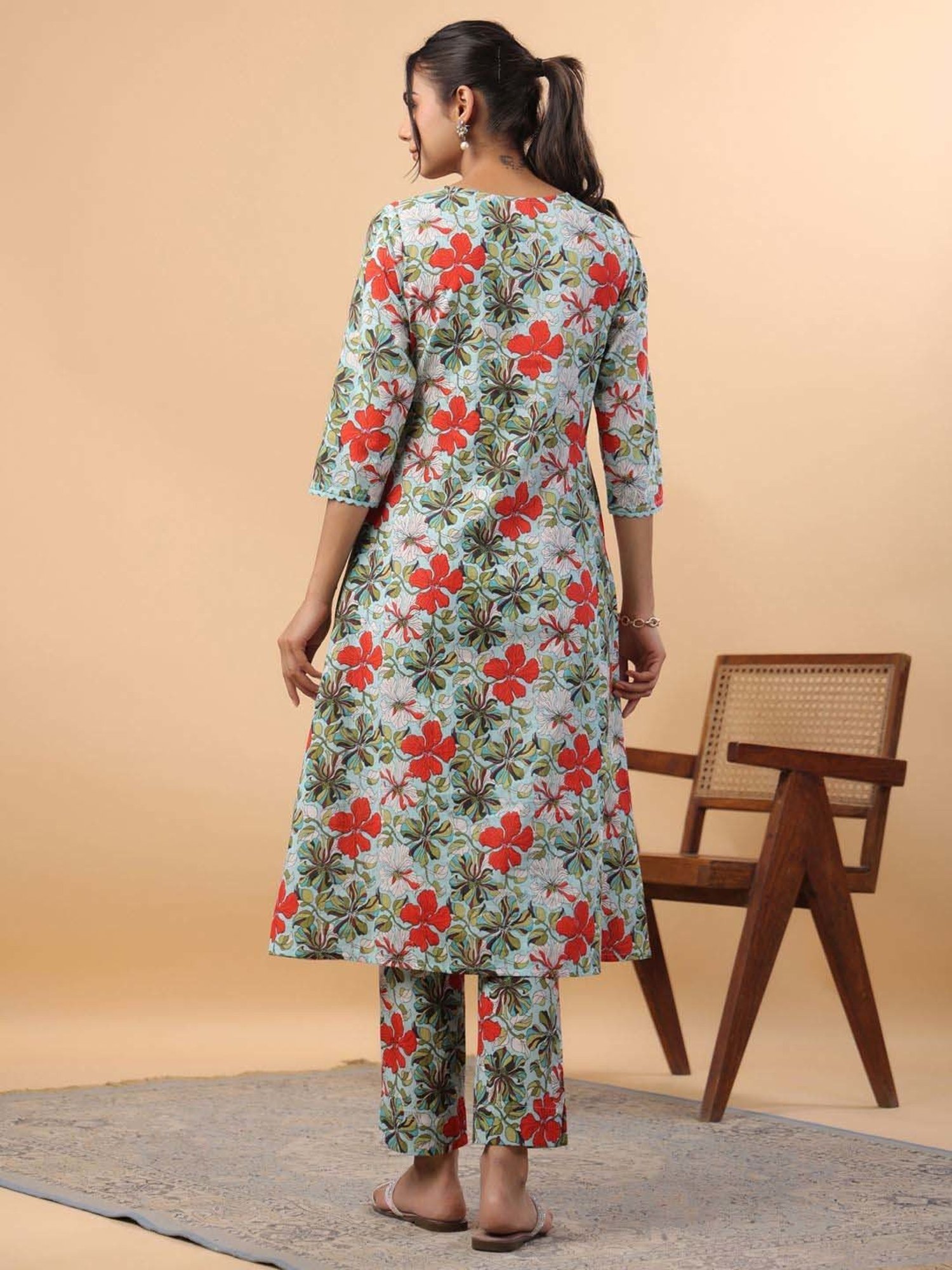 Janasya Blue Cotton Floral Print Co-Ord Set