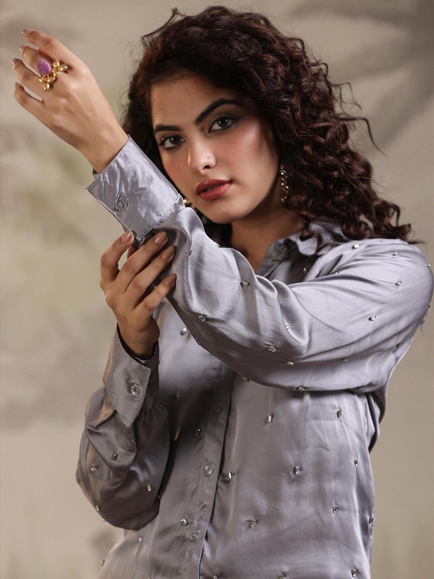 SCAKHI Grey Embellished Shirt & Pant Set