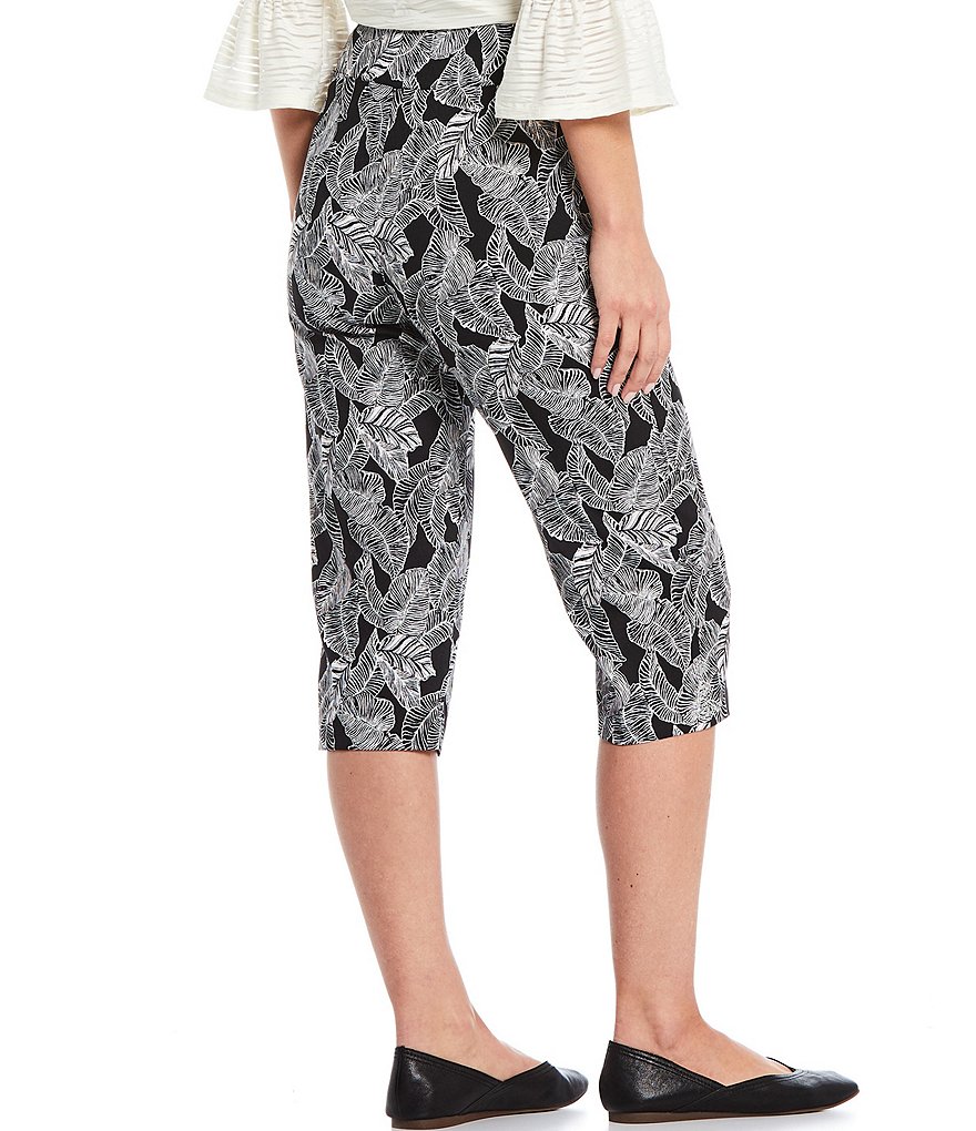 Allison Daley Tropical Breeze Print Wide Waistband Pull-On Embellished Hem Detail Capri Pants