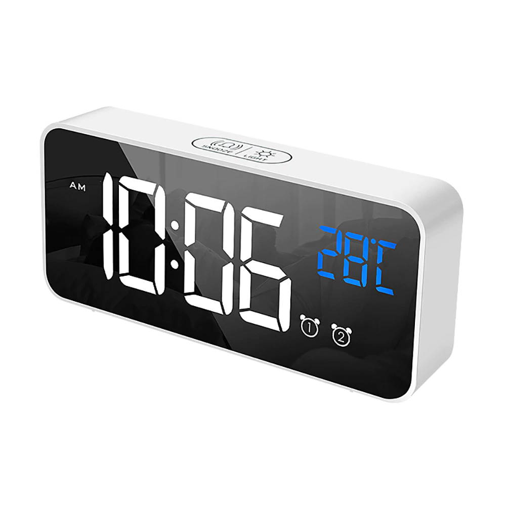 Mini Slim LED Mirror Display Voice Control Bedside Clock,4 Levels Adjustable Brightness Dimmer