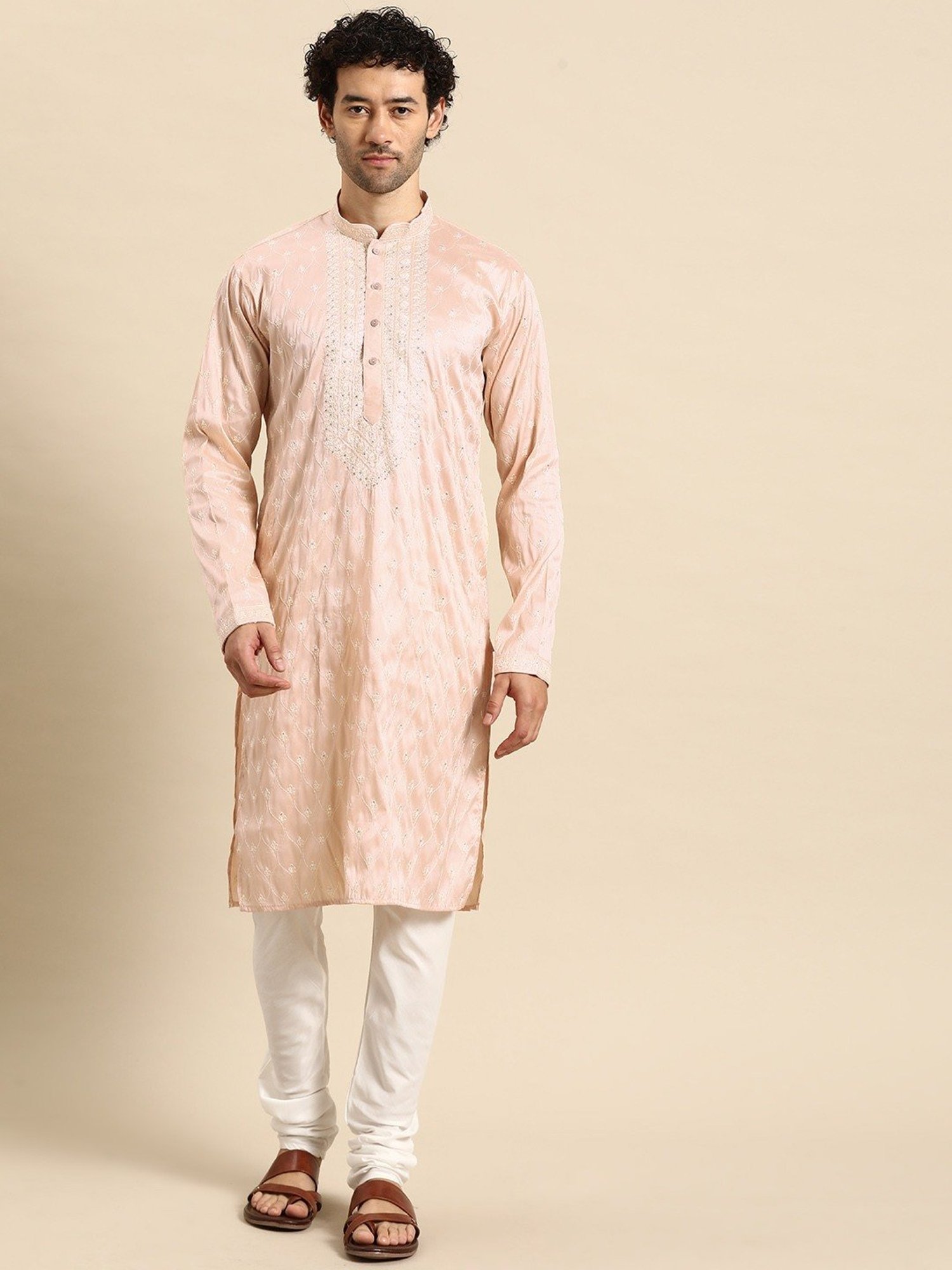 ManQ Peach & White Regular Fit Embroidered Kurta Bottom Set