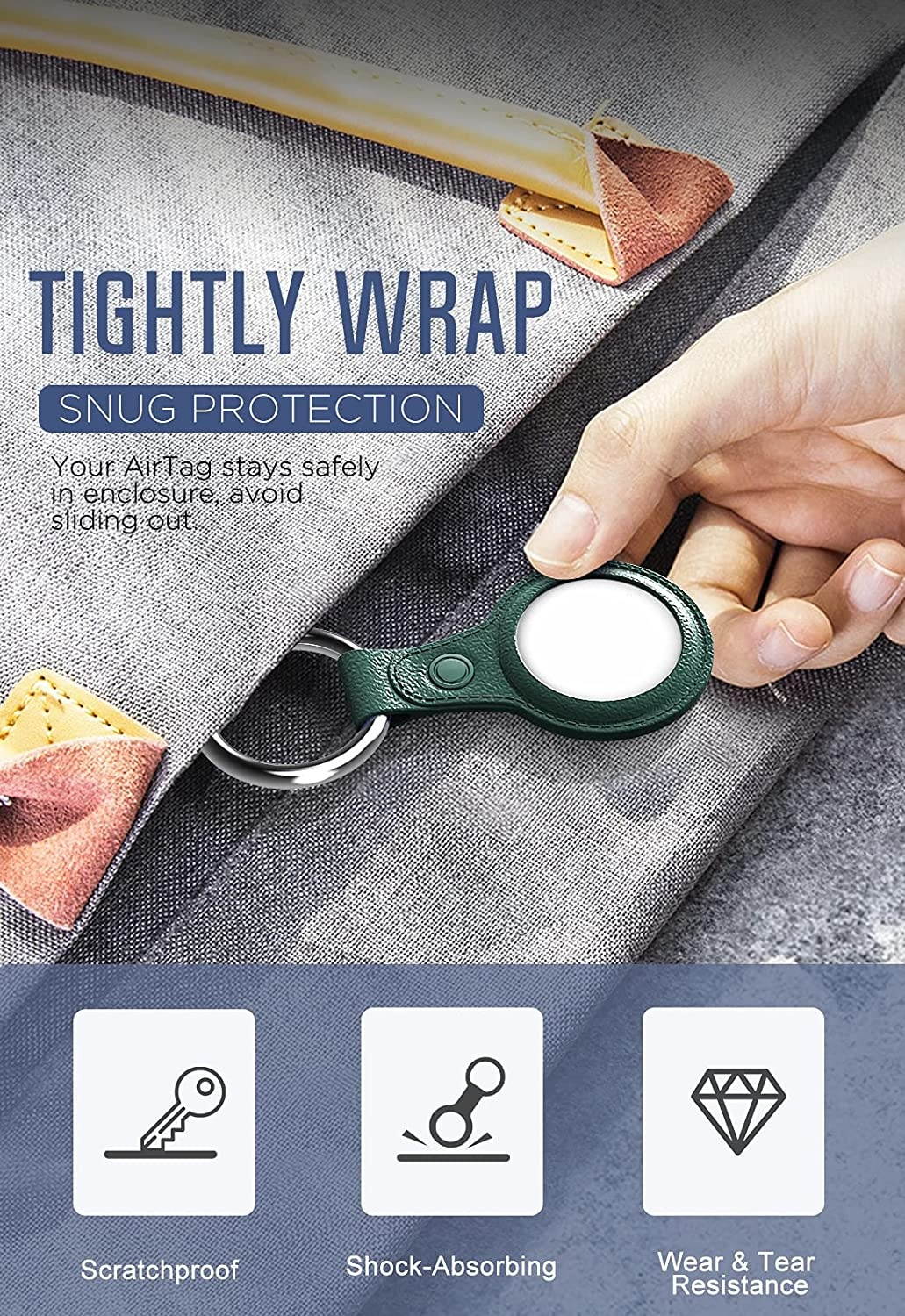 MoKo Key Ring Case for AirTag Finder 2021, 2-Pack Anti-Lost Air Tag Case with Keychain, Leather Pattern TPU Cover for AirTag Tracker Holder for Pets, Keys, Backpacks Indigo & Midnight Green