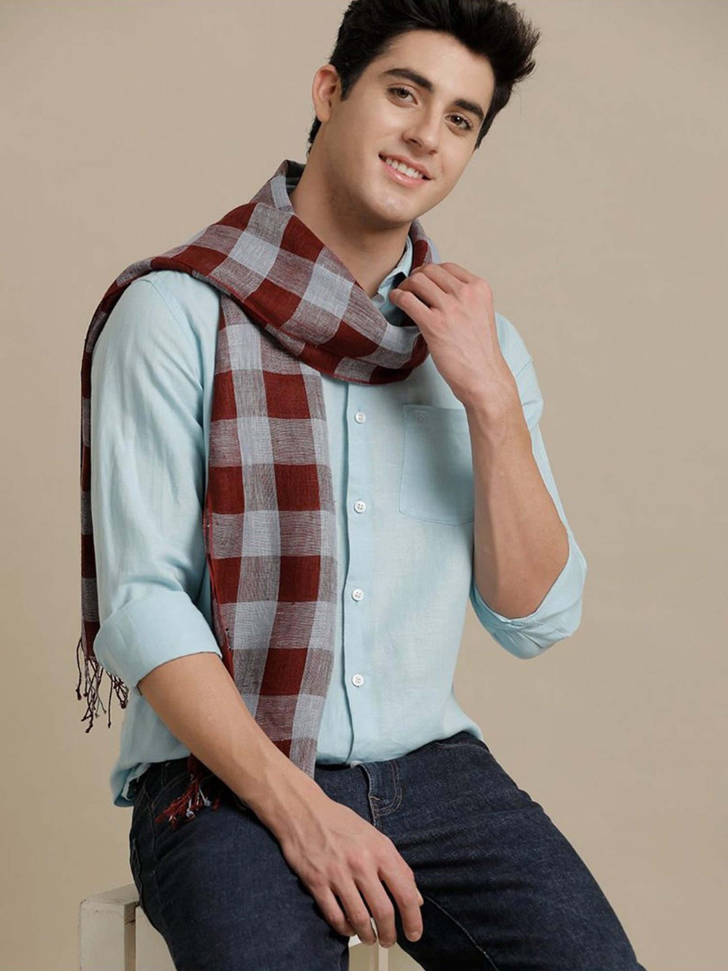 Linen Club Maroon Checks Pure Linen Stole