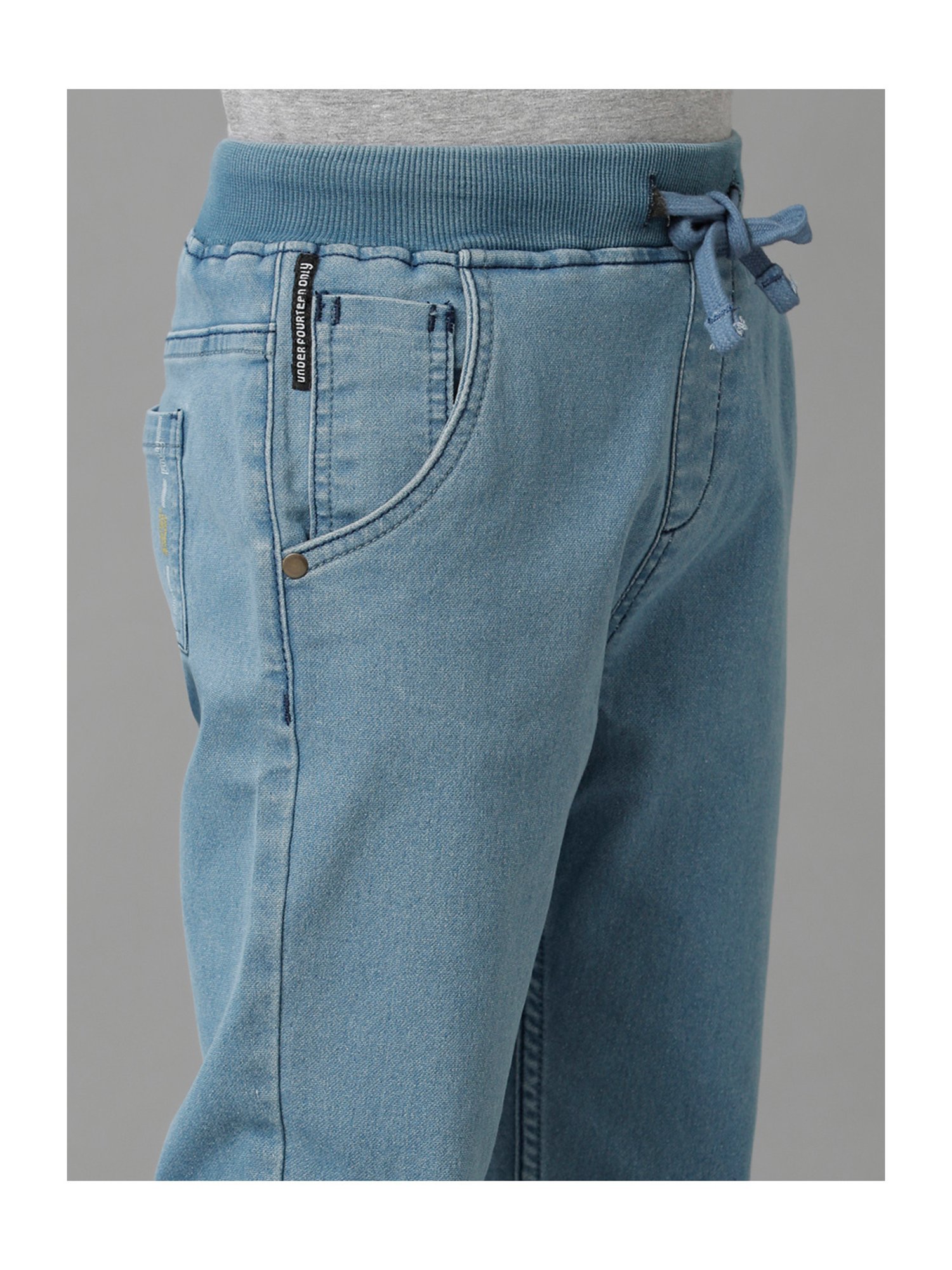 Under Fourteen Only Boys Blue Solid Denim Joggers