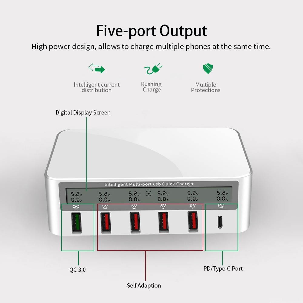 818 Intelligent Multi-port USB Fast Charger Adaptive LCD Display Quick Charge QC 3.0 Type-C Port EU Plug