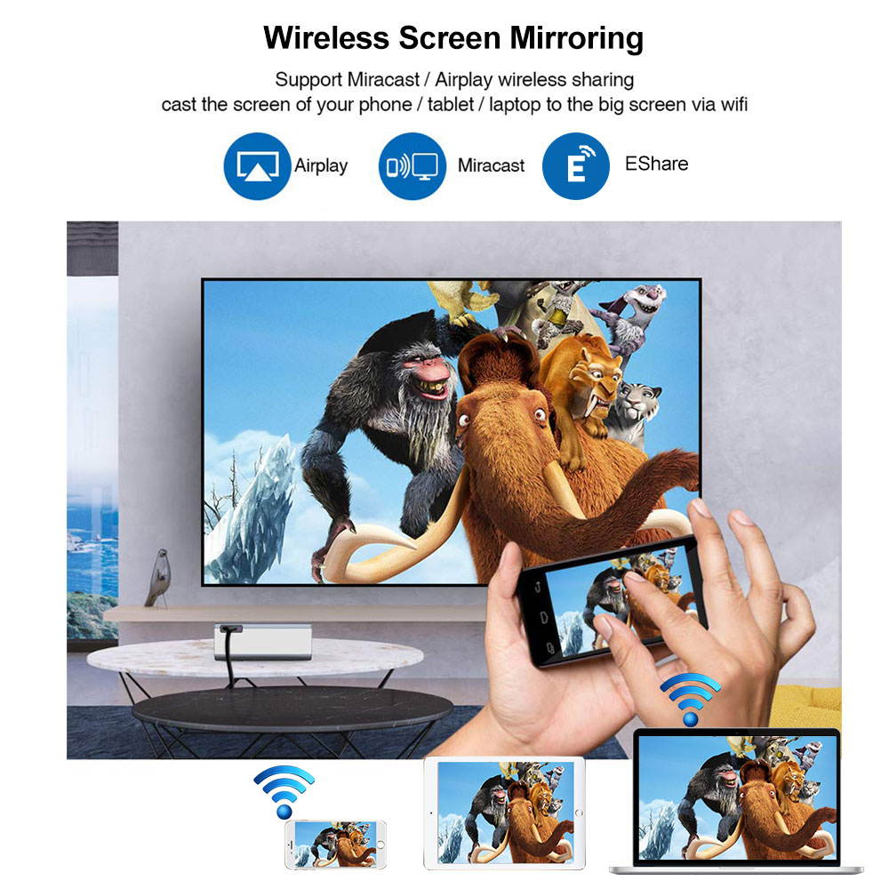 Portable Projector, WiFi Projectors with Bluetooth, Side Projection and 130&rdquo; Display Supported, 1080P 4K Compatible with Phone, PC, TV Stick, PS4, HDMI / USB/ VGA/ AV, for Home Theater Gaming Sports