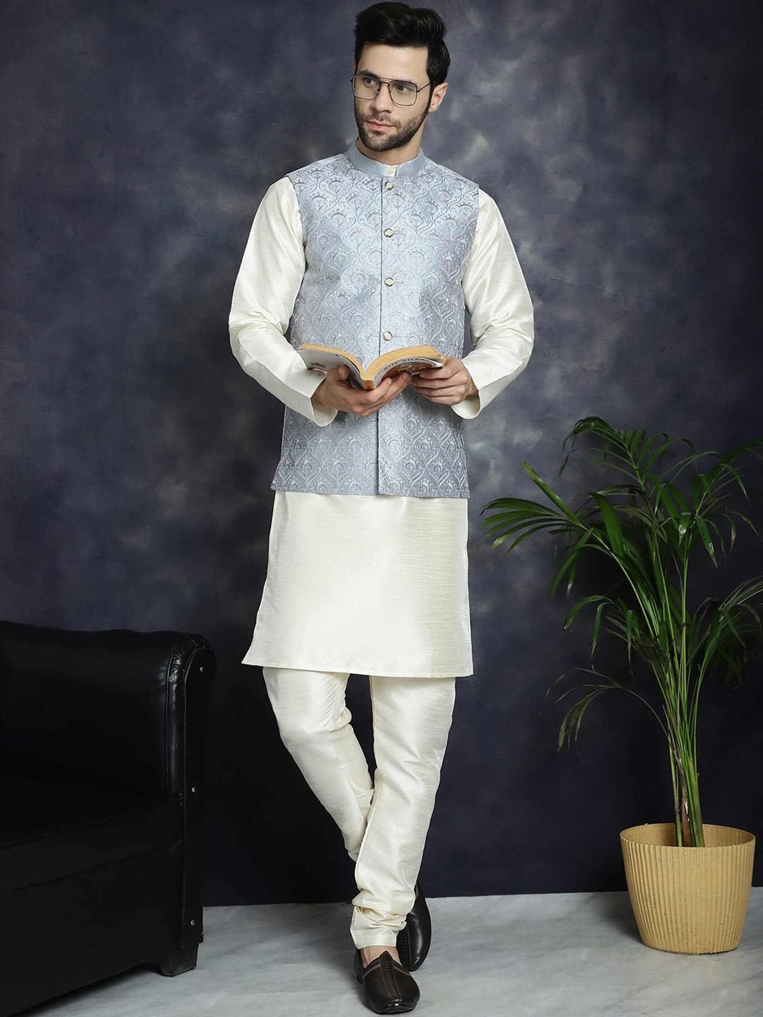 Jompers Grey Regular Fit Embellished Nehru Jacket