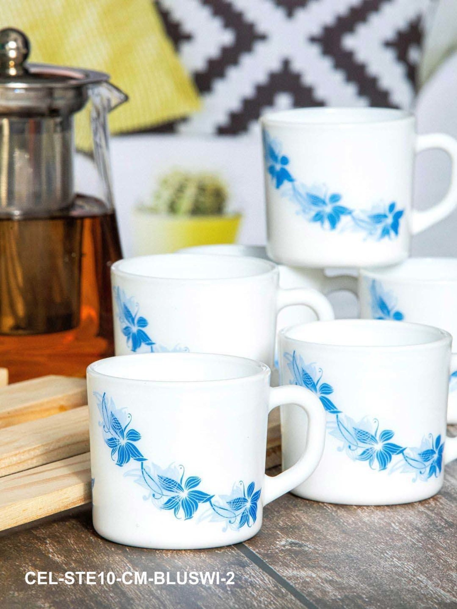 Cello White & Blue Glass Coffee Mug (0.1 L) - Set of 12