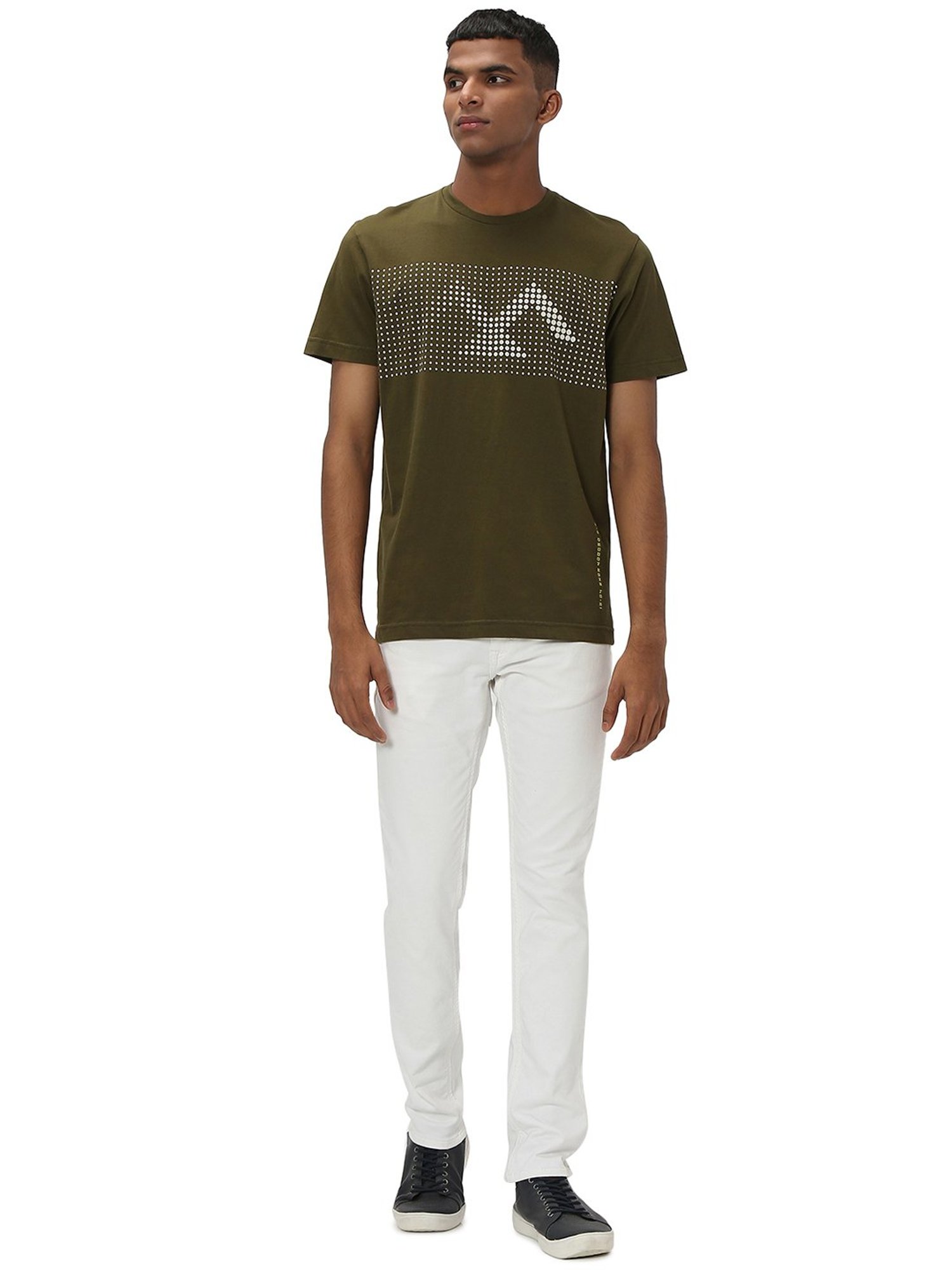 Mufti Olive Slim Fit Printed Cotton Crew T-Shirt