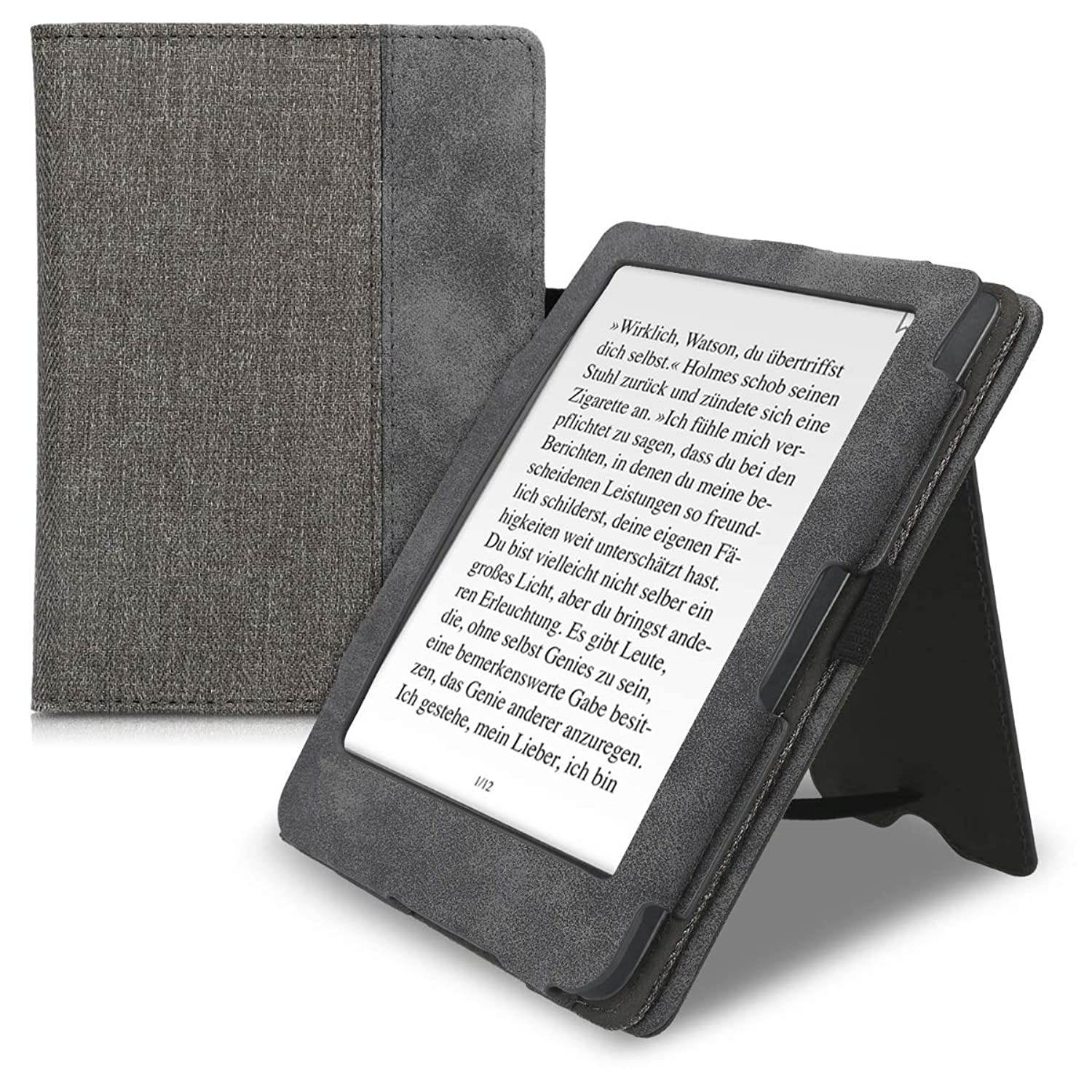 kwmobile Case Compatible with Kobo Clara HD - Canvas Synthetic Suede Cover with Magnetic Closure, Kickstand, Hand Strap, Card Slot - Grey/Black