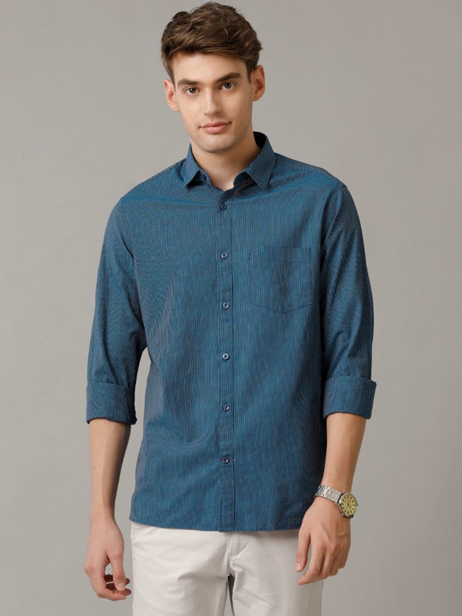 Cavallo By Linen Club Blue Linen Contemporary Fit Texture Shirt