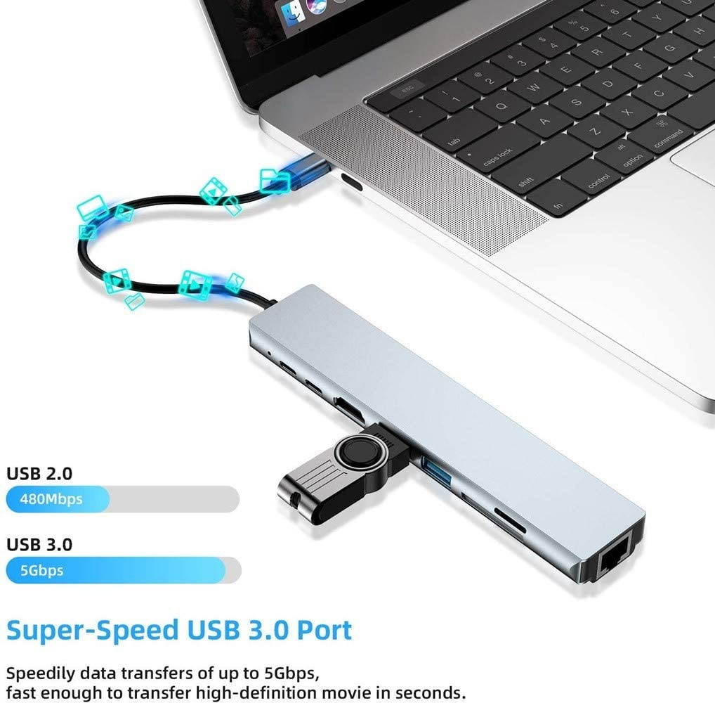 USB C Hub Multiport Adapter 8 in 1 Type C Docking Station Aluminum with 4K HDMI Output, RJ45,2 USB 3.0 Ports, SD/Micro SD Card Reader PD Charging Port Compatible for MacBook Pro,XPS