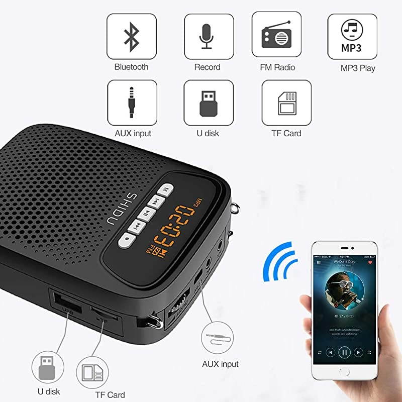 Amplifier Portable Headset Microphone - S278 15W Lightweight Wired Mini PA System Wearable Megaphone Speaker Supports USB/AUX/Recording/FM Radio for Teachers, Tour Guides