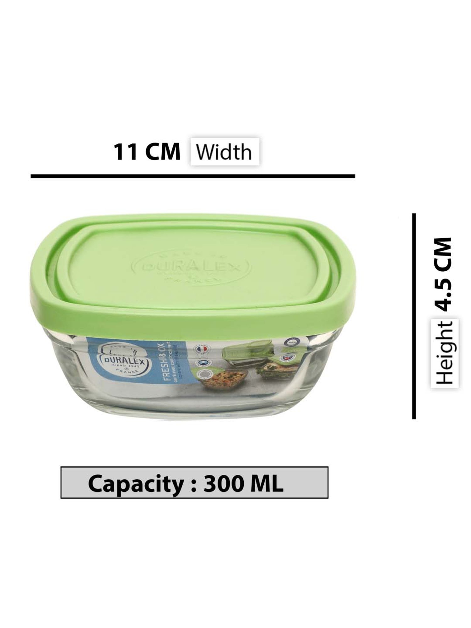 Duralex 'Freshbox' Transparent & Green Glass 11 cm Container With Lid (0.3 L) - Set of 2