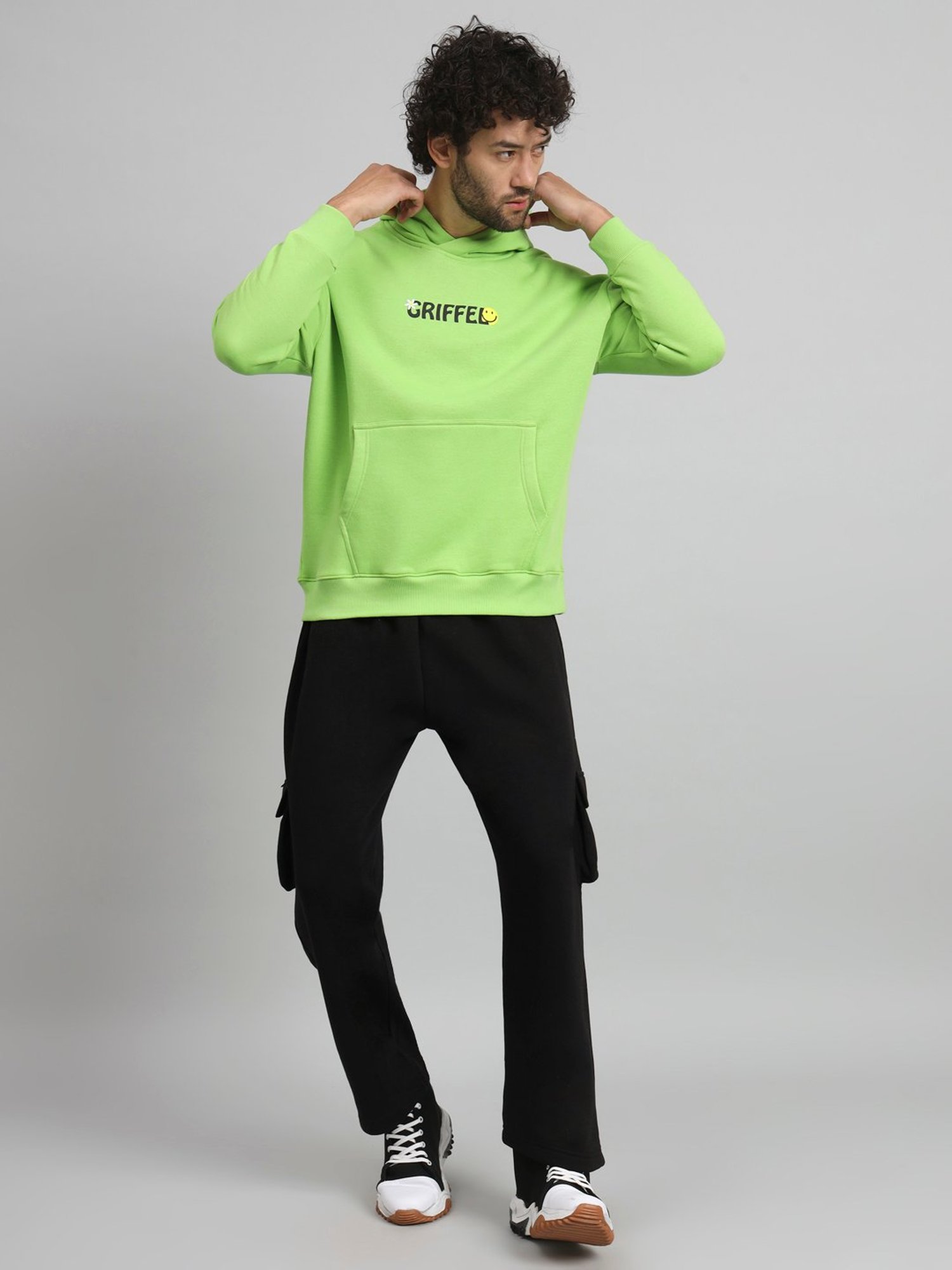 GRIFFEL Parrot Green & Black Loose Fit Printed Oversized Hooded Sweatshirt & Trackpants Set