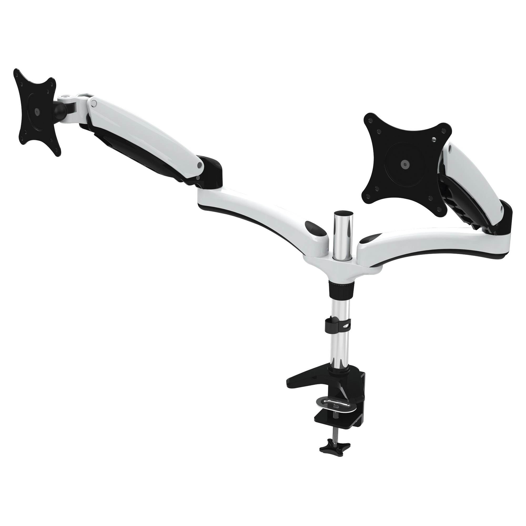 Dual Articulating Monitor Mount. Clamp Base. Supports 15 to 28" monitors. VESA Mounting