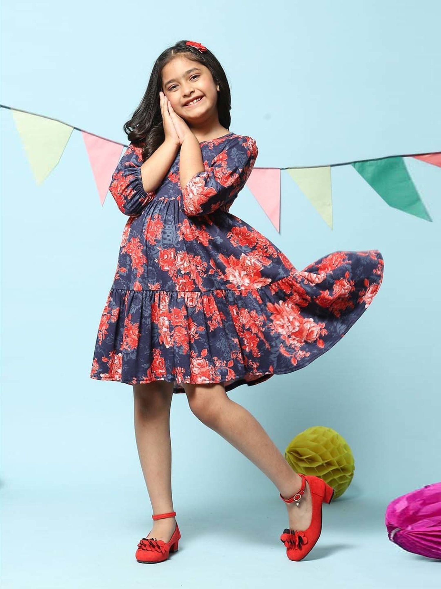 BIBA Girls Kids Blue & Coral Cotton Printed Dress