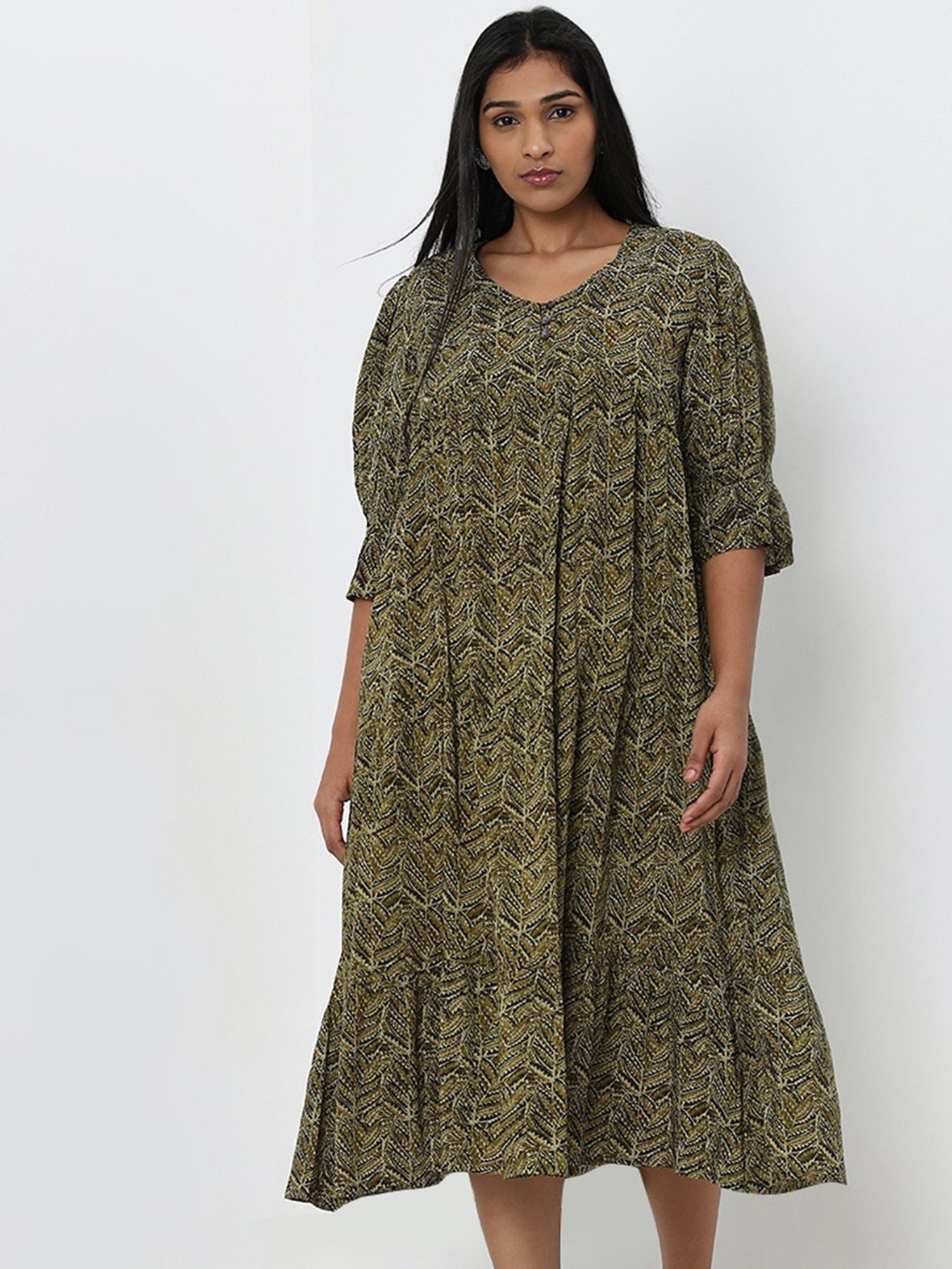 Diza by Westside Olive Leaf Printed Fit-and-Flare Tiered Dress
