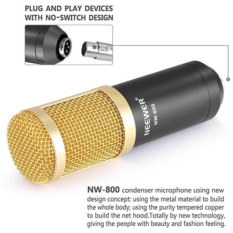 NW-800 Professional Studio Broadcasting & Recording Microphone Set Including (1)NW-800 Professional Condenser Microphone + (1)Microphone Shock Mount + (1)Ball-type Anti-wind Foam Cap + (1)Microphone