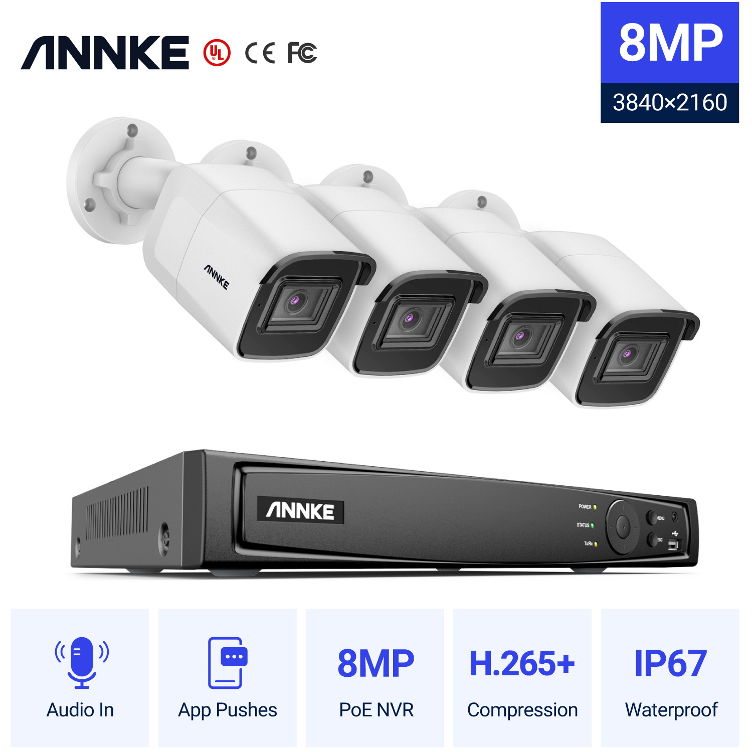 ANNKE 8MP 4K Ultra HD PoE ONVIF NVR Dome Security Camera System with H.265+ Coding 4K Wired HD Outdoor Indoor IP67 Weatherproof Cameras IK10 Vandal-Proof Audio Recording