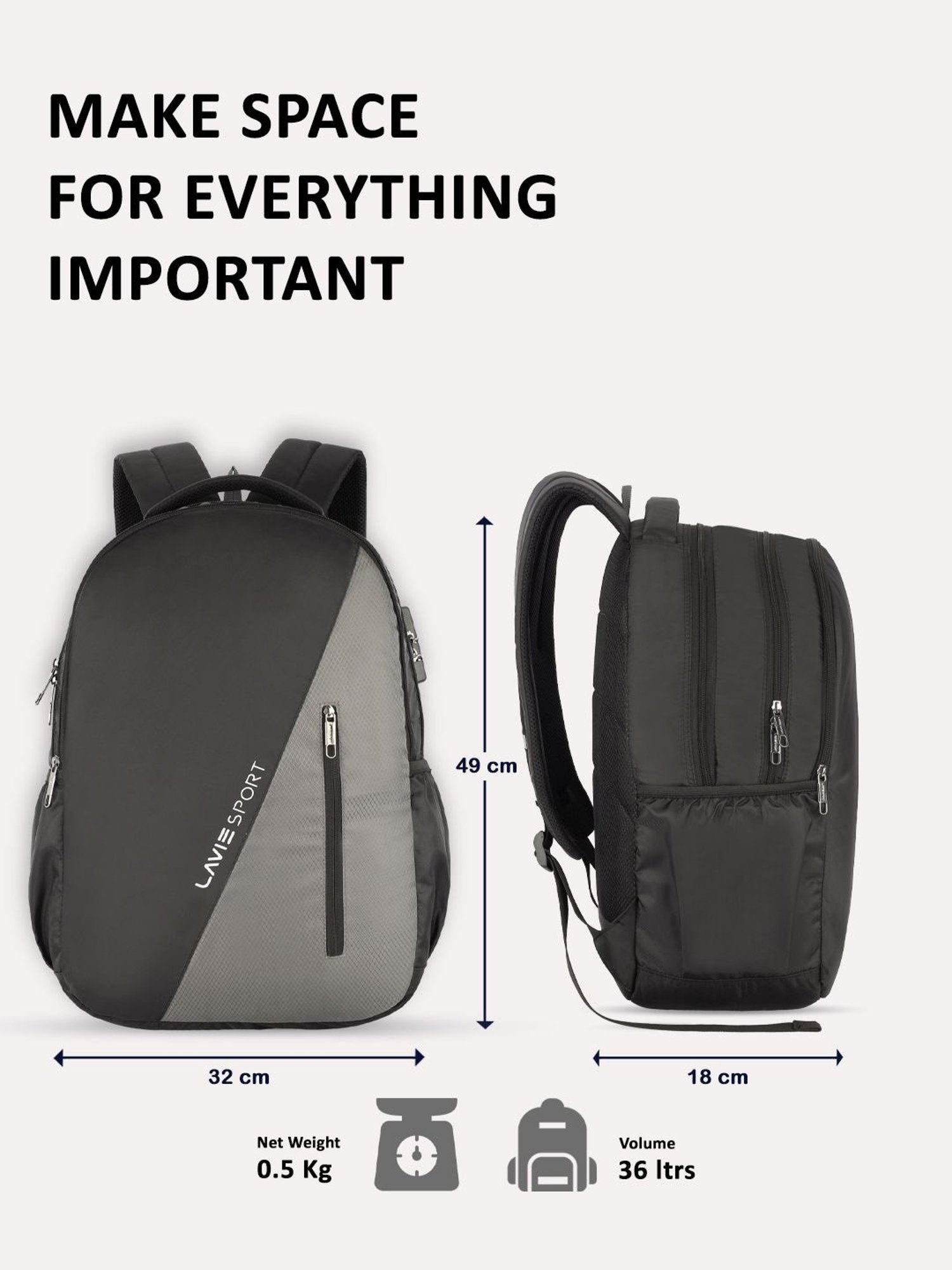 Lavie Sport Diagonal 36L Anti-theft Laptop Backpack For Men & Women (Black)