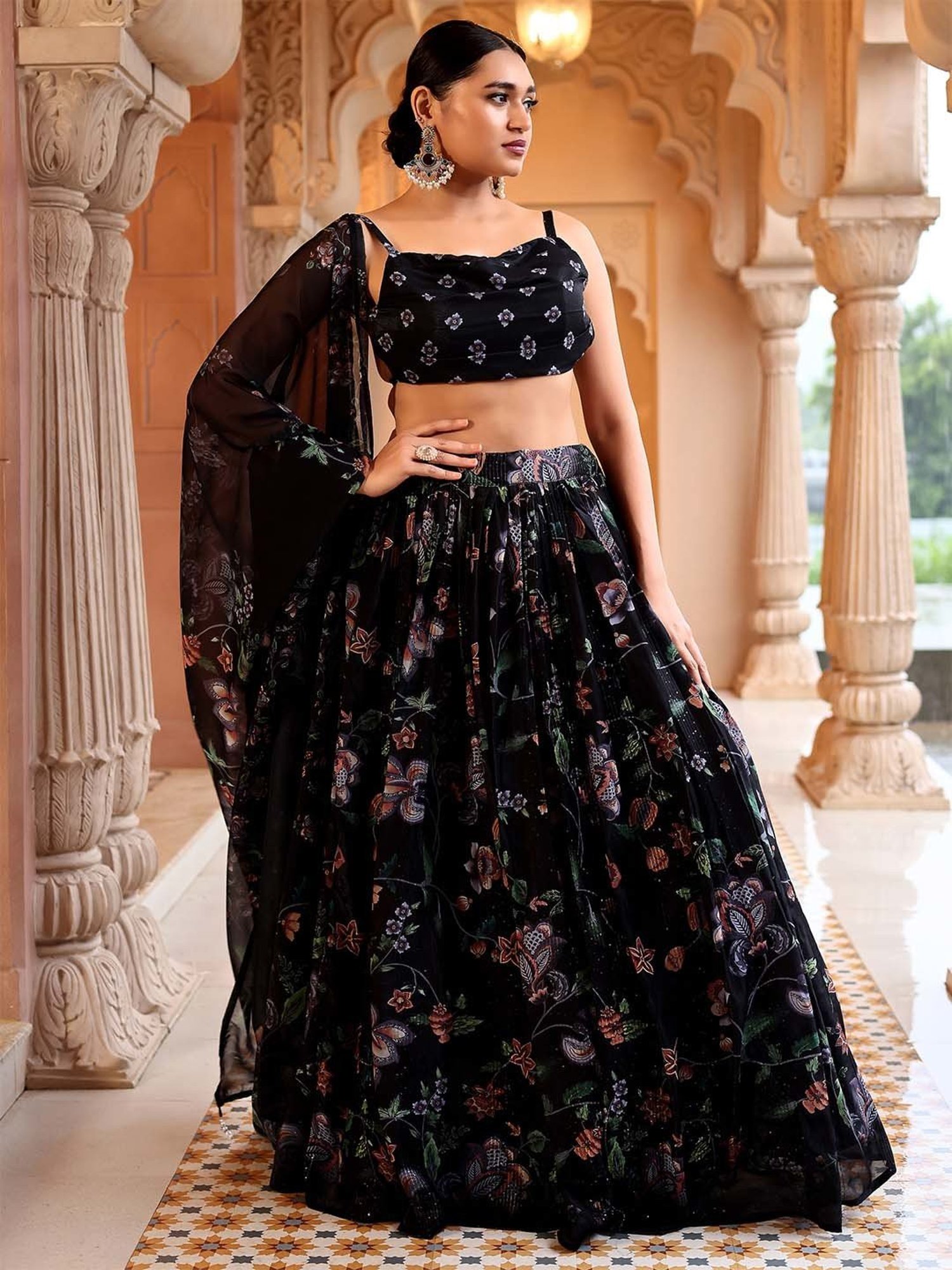 PURVAJA Black Printed Lehenga Choli Set With Dupatta