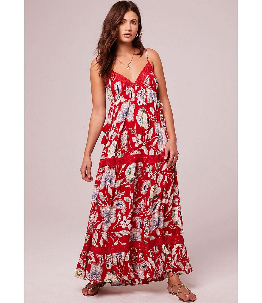 B.O.G. Collective Gisal Floral Print Lace Trim V-Neck Sleeveless Tiered Maxi dress