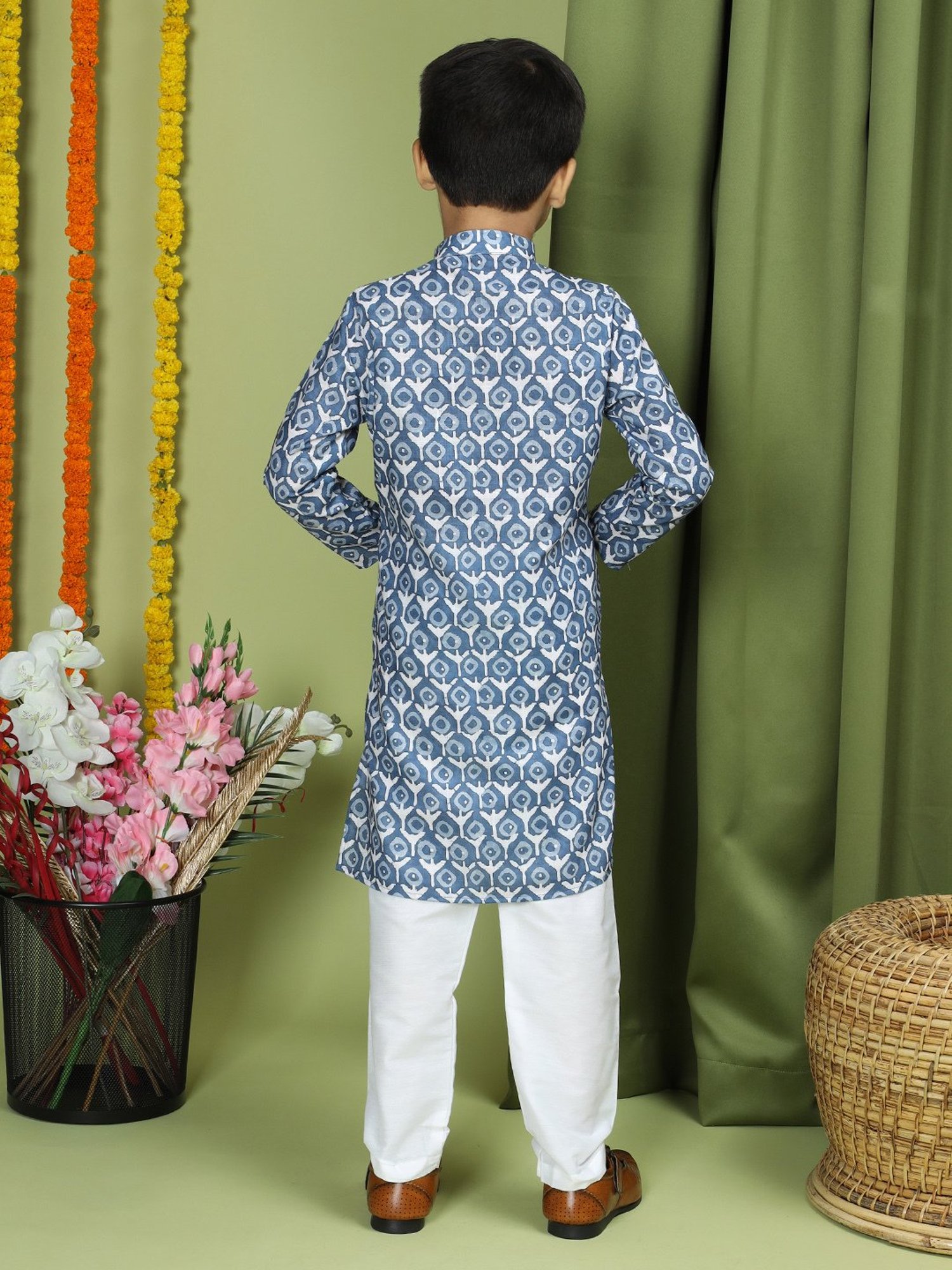 VASTRAMAY Boys Yellow & White Cotton Printed Full Sleeves Kurta Sets
