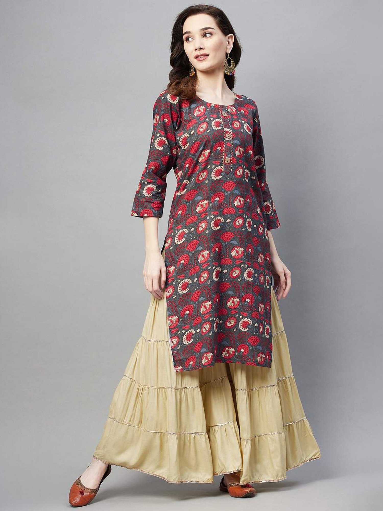Aarika Grey Cotton Floral Print Straight Kurta