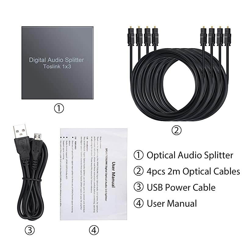 3 Port Toslink Splitter with 4pcs 6ft Optical Cable Digital Optical Audio Splitter Aluminum Alloy SPDIF Toslink Fiber Audio Splitter 1 in 3 Out Support DolbyAC3 DTS for PS3 DVD HDTV