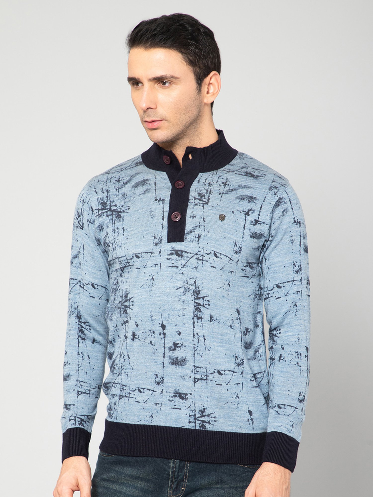 Cantabil Sky Blue Regular Fit Printed Sweater