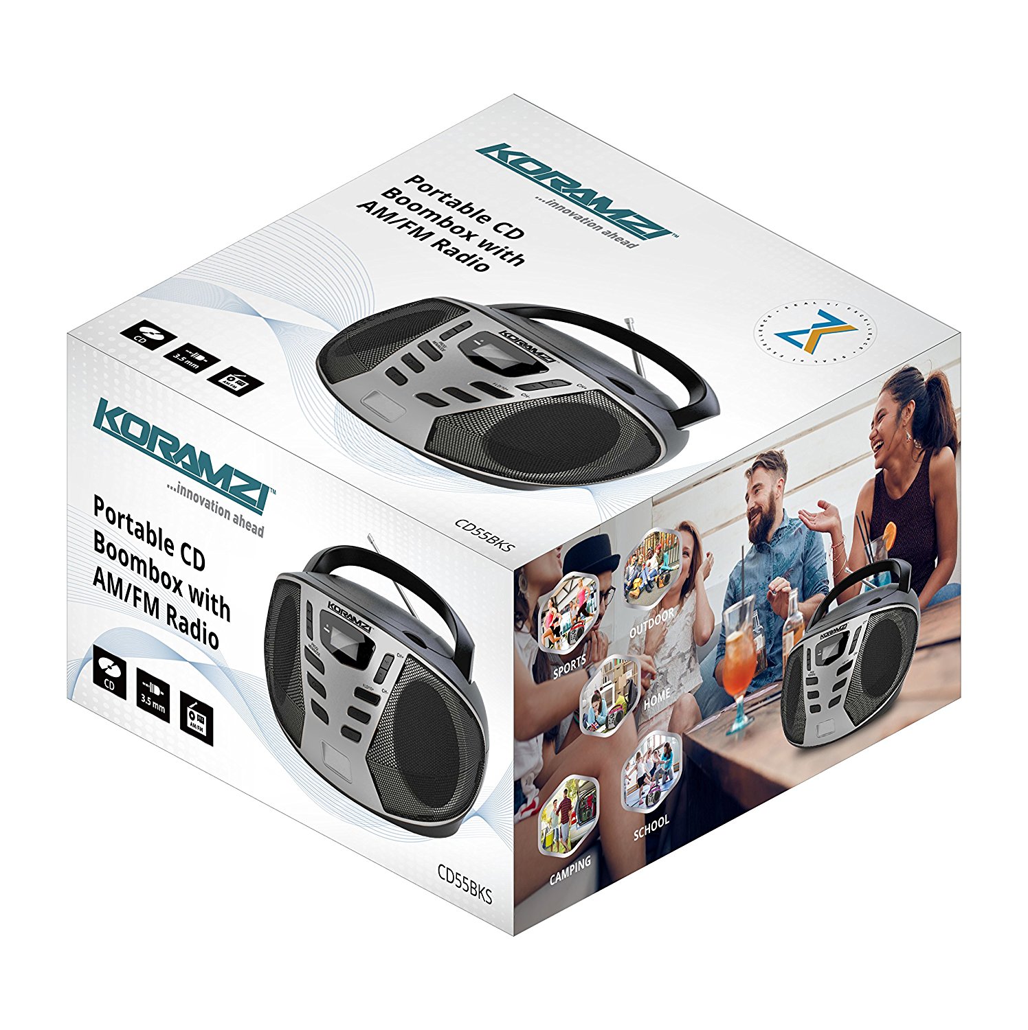 KORAMZI CD55-BKS Portable CD Boombox with AM/FM Radio, Top Loading CD Player, Telescopic Antenna, LCD Display for Indoor & Outdoor, Offices, Home, Restaurants, Picnics, School , Camping