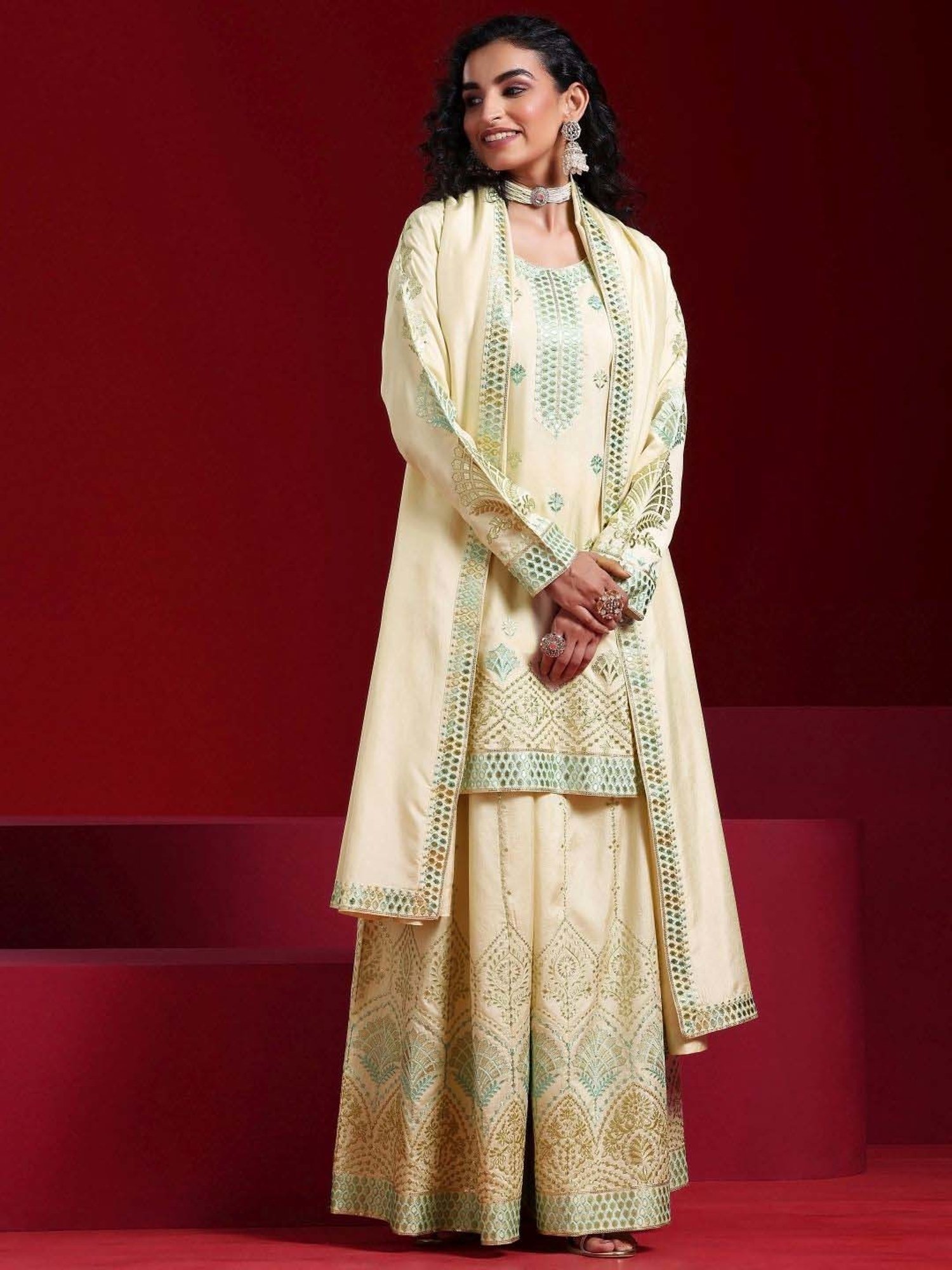 Libas Art Beige Embroidered Kurti Palazzo Set With Dupatta