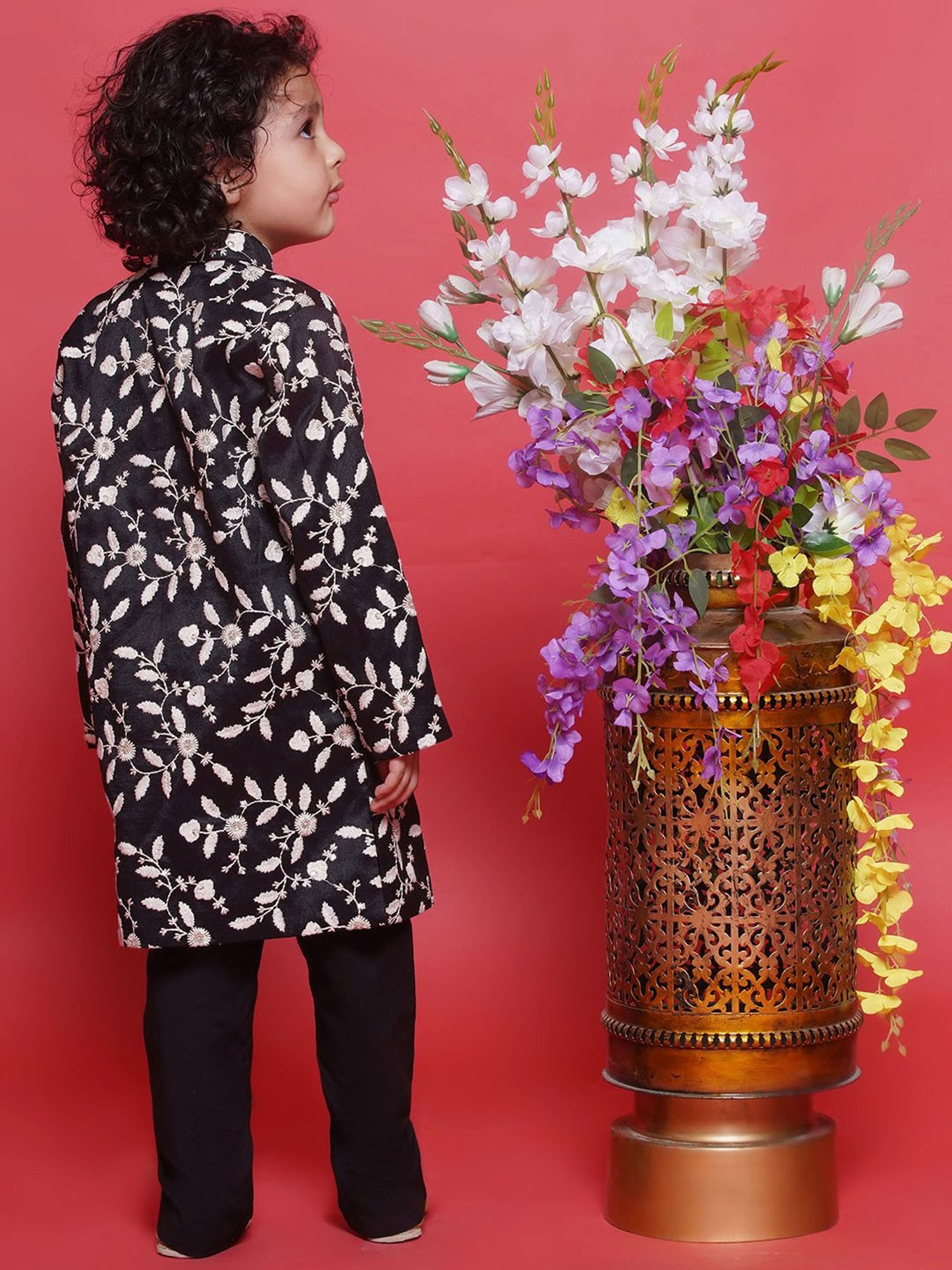 Little Bansi Boys Black Embroidered Full Sleeves Sherwani with Pyjamas