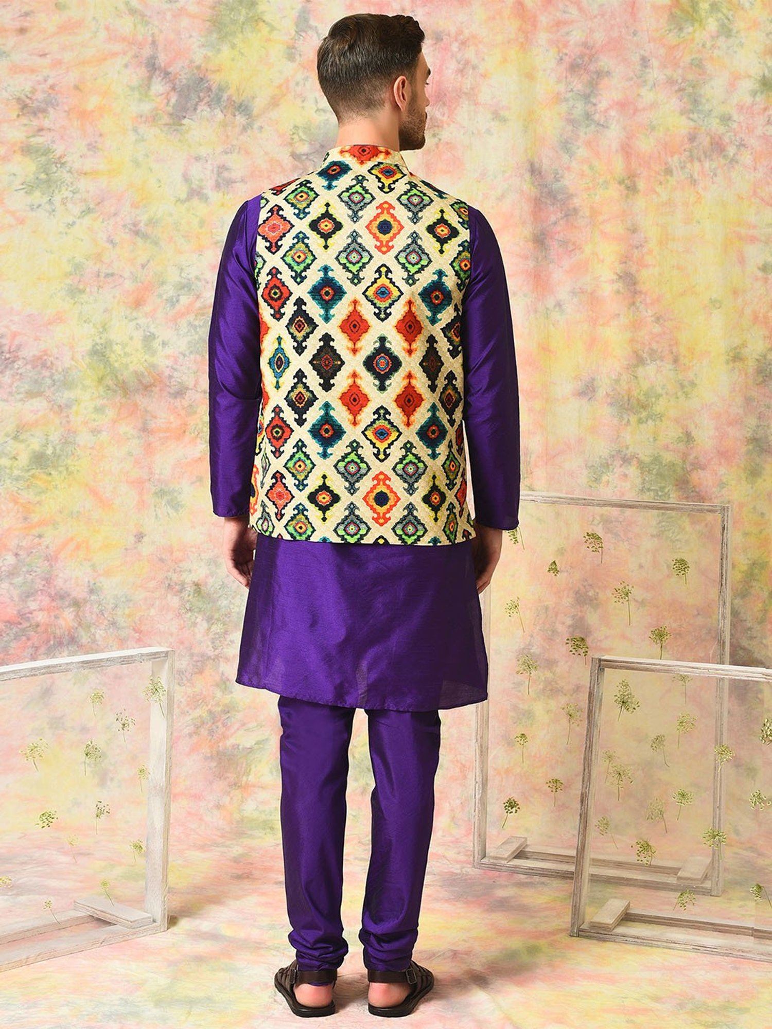 Hangup Purple Regular Fit Print Kurta & Churidar With Nehru Jacket