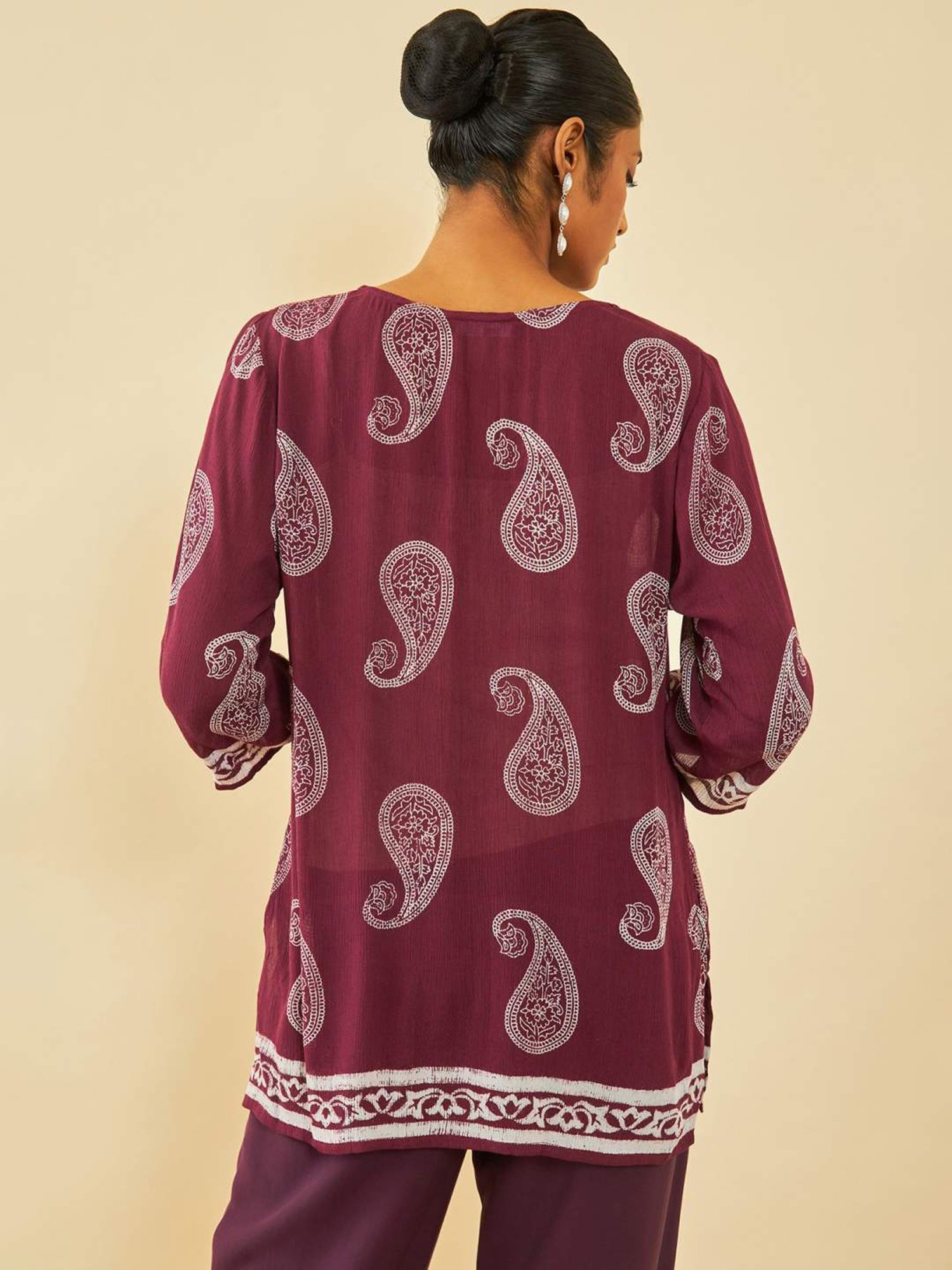 Soch Wine Crepe Paisley Printed Tunic With Tassels