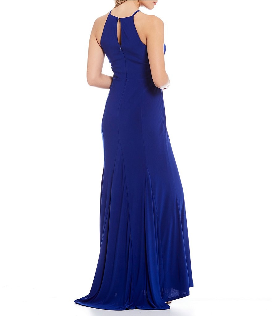 Jump Halter Neck High Side Slit Jersey Long Dress