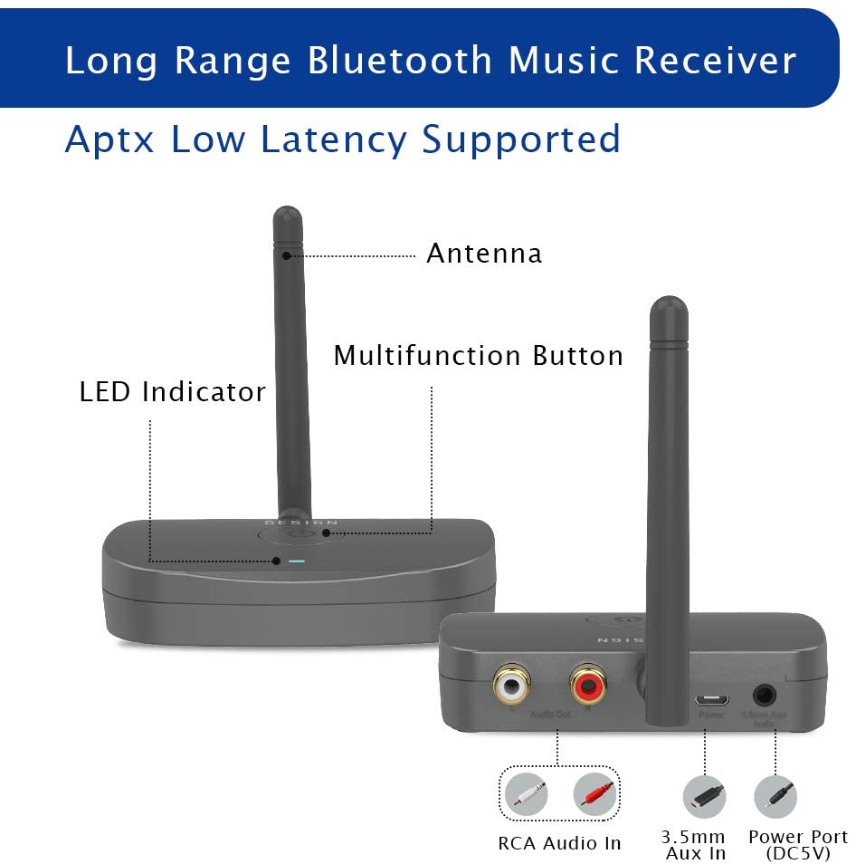 Long Range Bluetooth Audio Adapter, HiFi Wireless Music Receiver, Bluetooth 5.0 Receiver for Wired Speakers or Home Music Streaming Stereo System