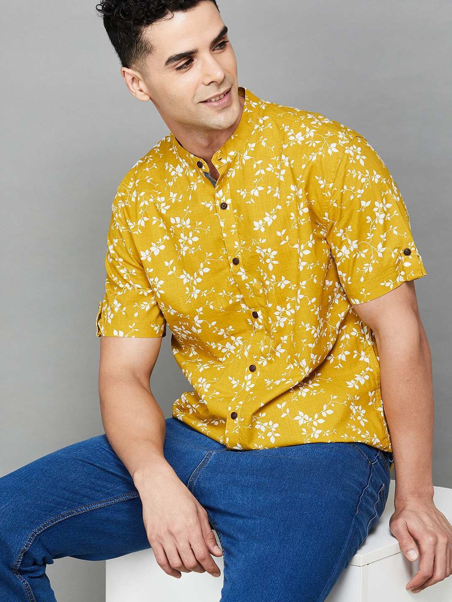 Melange By Lifestyle Mustard Cotton Regular Fit Printed Shirt